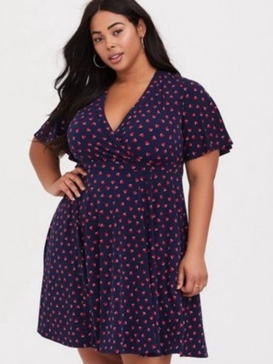 torrid Dresses & Skirts - Torrid Navy Blue and Red Mini Hearts Studio Knit Faux Wrap Dress Size 1X